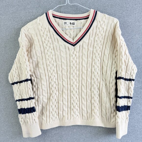 Cotton On Kids Cable Knit V-Neck Sweater Cream Navy Stripes Sz 9-10 - Picture 2 of 11